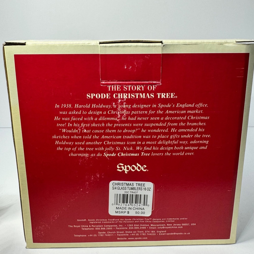 Spode Christmas Tree 6" Holiday Glass Tumblers 16oz Gold Rim Set of 4 with Box - Picture 11 of 11